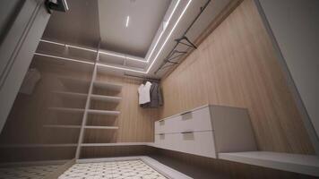 Wardrobe with LED lighting and wooden shelves, featuring a clean design and organized space video