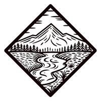 Diamond emblem with mountain landscape, winding river, pine trees, and field in woodcut vintage engraving vector