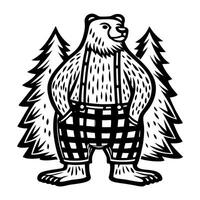 smiling bear in plaid pants with hands in pockets, standing in front of pine trees, bold black and white illustration vector