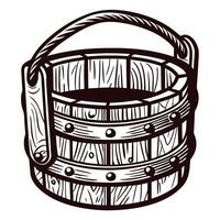 Rustic hand drawn wooden bucket with rope handle vintage engraved illustration in classic on white background vector