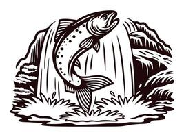 Trout leaping in mountain stream with waterfall and rugged rocks vector