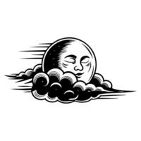 Hand drawn moon with serene face and clouds in vintage engraved isolated on white background vector