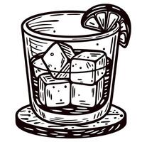 Hand drawn glass of whiskey with ice cubes and citrus slice on coaster vintage engraving vector