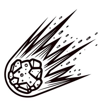 Hand drawn meteor illustration in black and white fast moving space rock with dynamic lines and sketch details