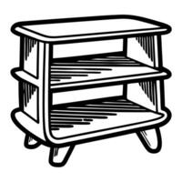 Hand drawn retro wooden shelf with open compartments and rounded edges in vintage engraving vector