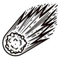 Hand drawn blazing meteor in flight with dynamic speed lines, vintage engraving illustration vector
