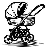 Vintage baby stroller pram black and white sketch classic carriage side view illustration with large wheels vector