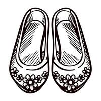 Hand drawn illustration of womens floral ballet flats with decorative patterns, vintage sketch style, isolated on white vector