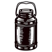 Vintage engraved drawing of a metal milk can with handle isolated on white background vector