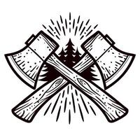 Crossed lumberjack axes with wooden handles and pine tree background in vintage engraving illustration vector