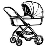 Hand drawn illustration of a classic baby stroller in black and white side view vector