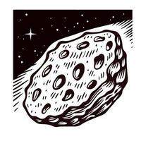 Vintage engraved illustration of an asteroid flying through outer space with craters and surrounding stars vector