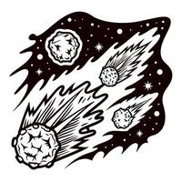 Hand drawn meteors and asteroids flying through space with stars and cosmic dust, sketch engraving illustration vector