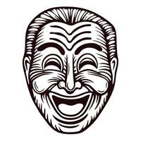 Vintage smiling theatrical mask illustration with exaggerated joyful expression and bold black line art vector