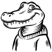 Hand drawn alligator character wearing hoodie black and white sketch illustration with a friendly expression vector