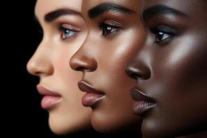 Side views of the faces of young women of different ethnic groups. photo