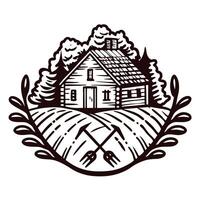Rustic wooden farmhouse with chimney, surrounded by trees and fields, vintage hand drawn emblem illustration vector