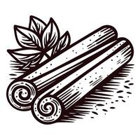Hand drawn cinnamon sticks with leaves in vintage engraving vector