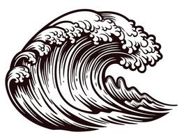 Detailed monochrome illustration of ocean wave with dynamic curling water and spray in vintage engraved vector