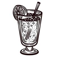 Vintage engraved glass of sparkling lemonade with lemon slice and straw isolated on white background vector