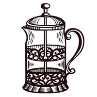 Detailed hand drawn french press coffee maker with ornate vintage design isolated on white background vector
