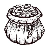 Hand drawn vintage sack filled with coins engraved illustration of bag tied with rope and overflowing with money vector