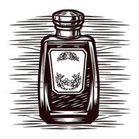 Hand drawn perfume bottle with ornate decorative label vintage etching isolated on white background vector