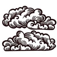 Vintage hand drawn clouds isolated on white background detailed engraved illustration of fluffy cumulus shapes vector