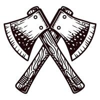 Crossed axes with detailed wood handles and blades representing craftsmanship in rustic vector