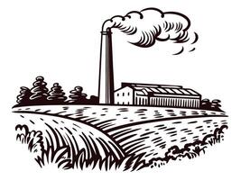 Rural industrial landscape with factory and smokestack amidst open fields vector