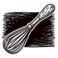 Hand drawn vintage whisk isolated on textured background engraved sketch illustration of kitchen utensil vector