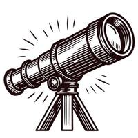 Hand drawn vintage telescope on tripod with engraved detailing and rays, isolated on white background vector