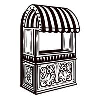 Ornate vintage market stall with striped canopy and decorative woodwork in hand drawn vector