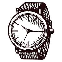 Classic wristwatch in hand drawn engraving with bold lines and detailed dial illustration vector