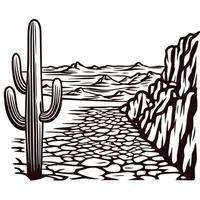 Desert landscape with tall saguaro cactus and rocky cliffs in hand drawn engraving vector