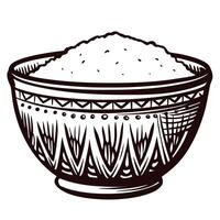 Vintage hand drawn bowl filled with rice engraved illustration of ornate dish with food isolated on white background vector