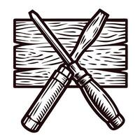 Vintage woodwork emblem featuring crossed chisel and screwdriver over textured wooden board illustration vector