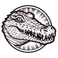 Vintage engraved head of alligator emblem black and white reptile illustration with circular background vector