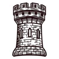 Vintage engraved illustration of a medieval stone tower with battlements and arched windows isolated on white background vector