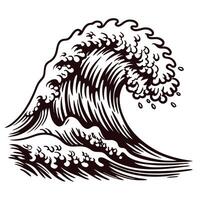 Vintage engraved illustration of ocean wave in woodcut with curling crest and dynamic foam splash vector