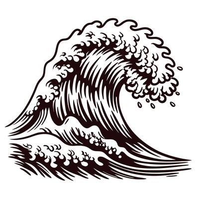 Vintage engraved illustration of ocean wave in woodcut with curling crest and dynamic foam splash