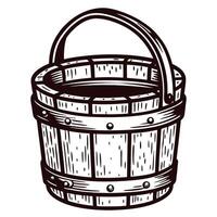 Hand drawn wooden bucket with curved handle isolated on white vintage rustic container sketch illustration vector