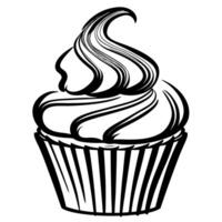 Hand drawn cupcake with swirled frosting in black and white doodle line art illustration isolated on white background vector