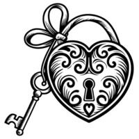 Vintage heart shaped padlock with ornate key and decorative swirl, detailed hand drawn illustration, black and white vector