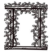 Hand drawn wooden frame with climbing vines and leaves in vintage engraved illustration vector