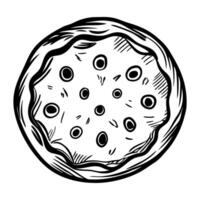 Hand drawn illustration of round italian pizza with toppings and crust in vintage black and white vector