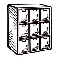 Hand drawn illustration of vintage cabinet with nine drawers in engraved vector