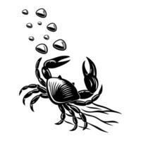 Intricate black crab illustration with detailed claws and bubbles isolated on white background vector