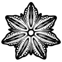 Hand drawn black and white mandala flower with intricate petal pattern and decorative dots vector