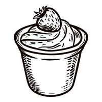 Hand drawn dessert cup with creamy swirl and strawberry vintage engraved black and white sketch illustration vector